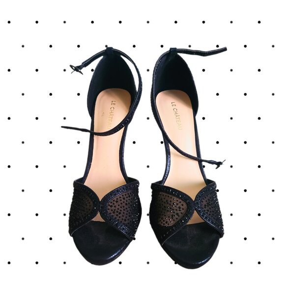 Le Chateau black sparkle peep toe heels with ankle straps - Picture 2 of 6